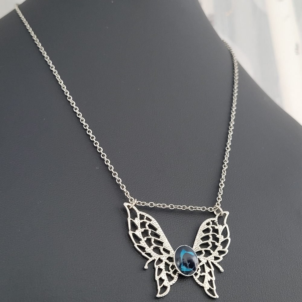 Butterfly Blue Multitonal Blue Center Accent On Silver-tone Butterfly Necklace - Picture 3 of 12